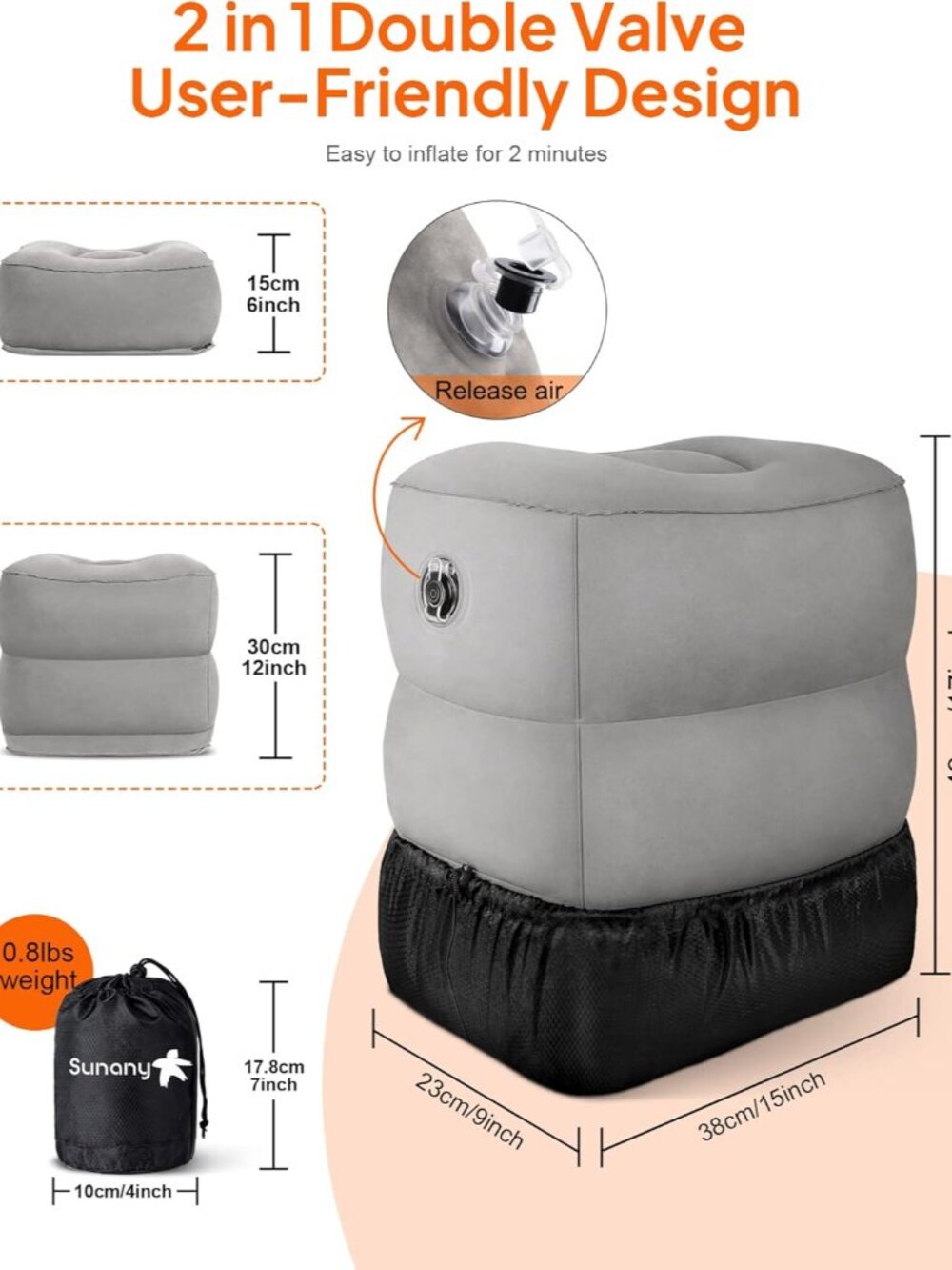 Inflatable Foot Rest Pillow for Travel, Kids/Adults Airplane Travel Pillow-Adjus - Picture 2 of 7